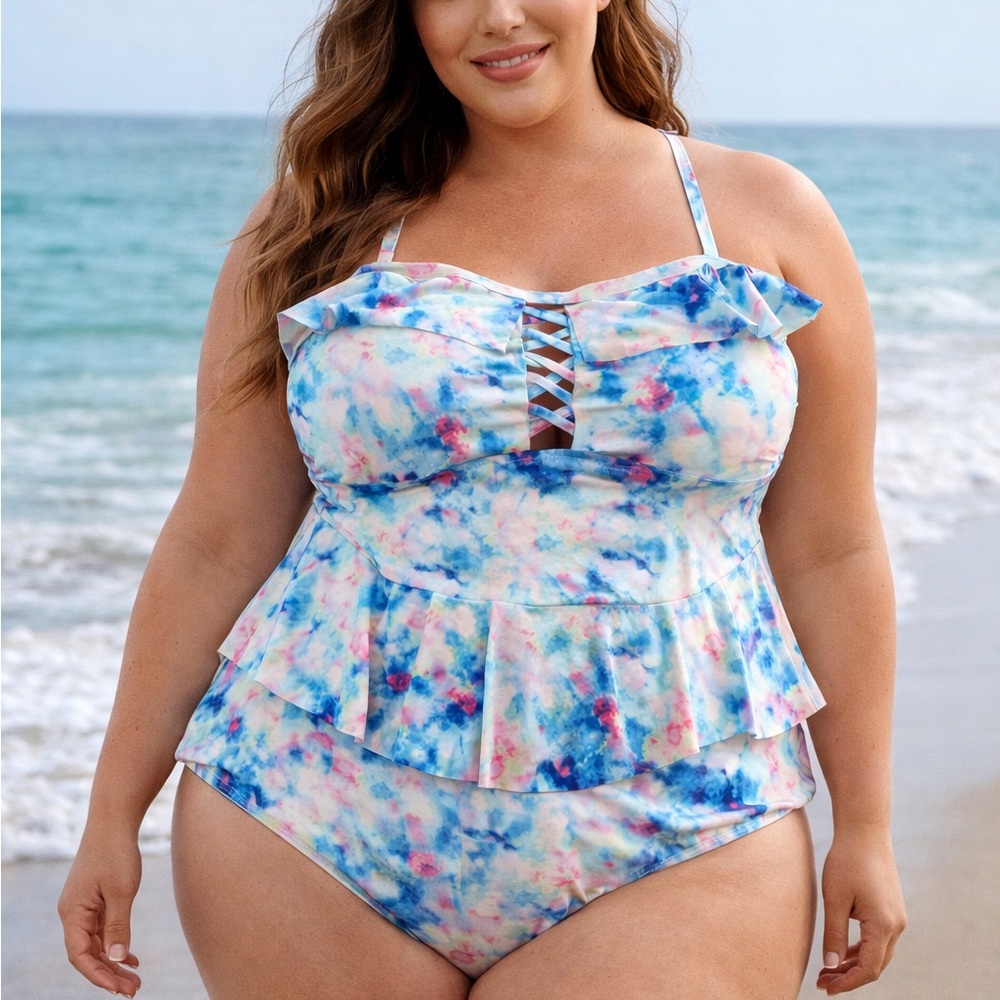 Plus Tie-Dye Peplum One-Piece Swimsuit - Blue Pink